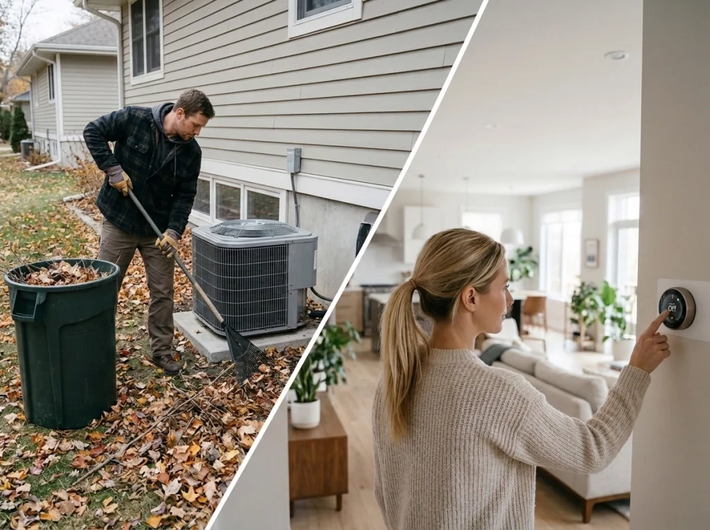 A split screen image of a homeowner outside cleaning around the ac unit and a homeowner inside shutting down the ac for the winter.