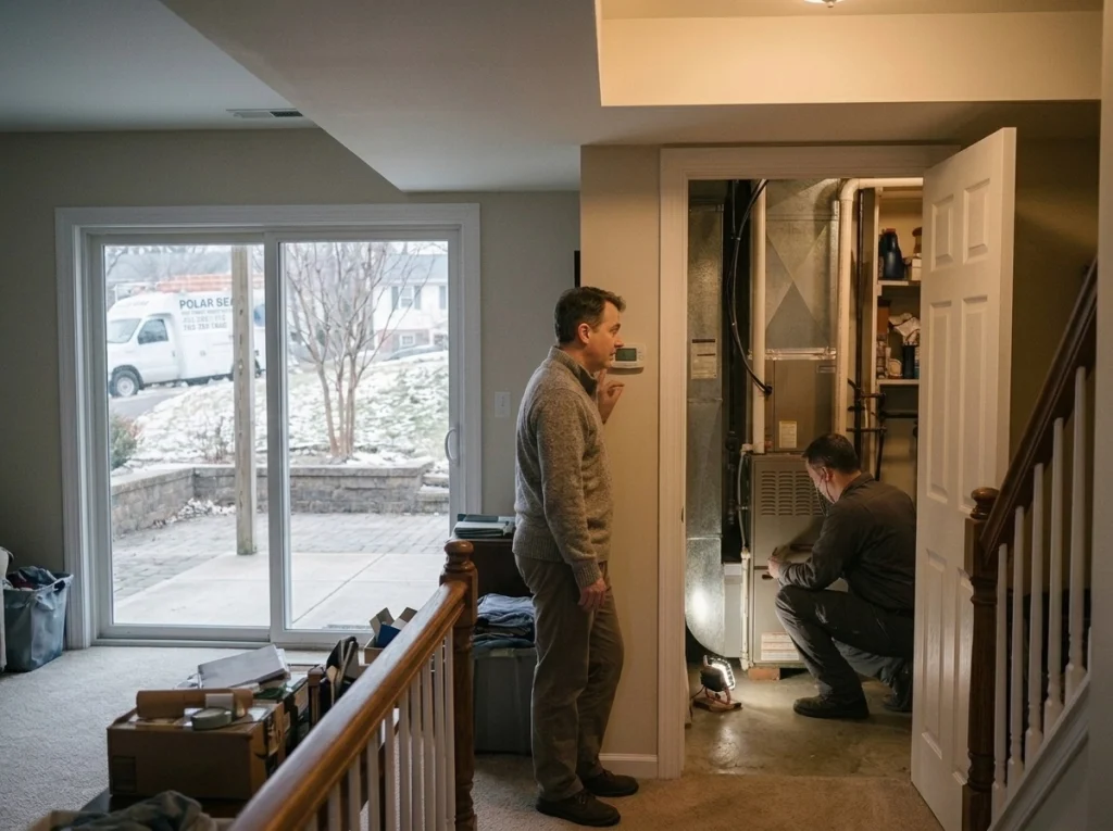 Arlington homeowner noticing strange furnace noise while technician traces vibration